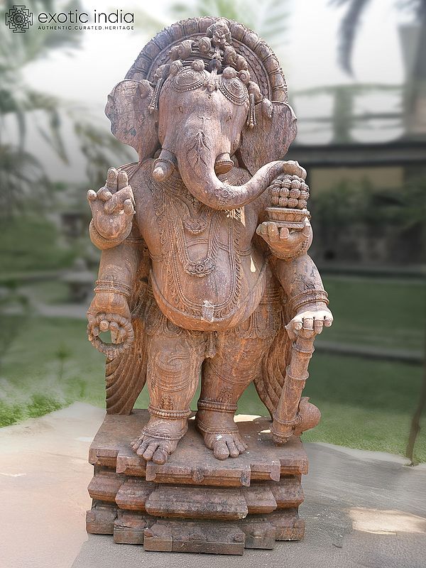 70" Standing Chaturbhuj Lord Ganesha | Sandstone Statue | Exquisite Handmade Indian Art