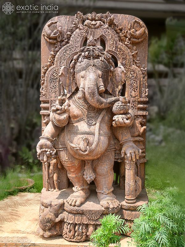 78" Lord Ganesha with his Mouse | Sandstone Statue | Exquisite Handmade Indian Art