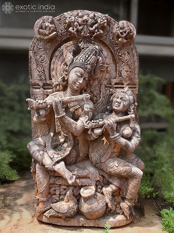 62" Radha and Krishna Playing Flute | Sandstone Statue | Exquisite Handmade Indian Art