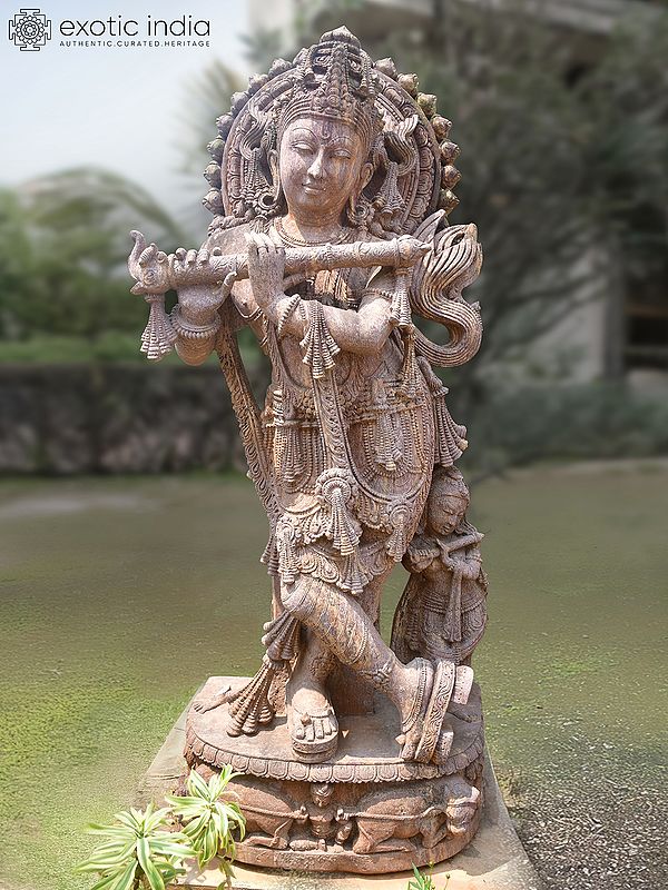 75" Lord Krishna Playing Flute | Sandstone Statue | Exquisite Handmade Indian Art