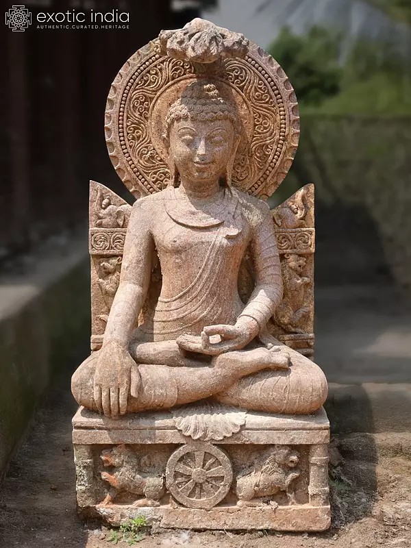 36" Great Buddha Seated in Bhumisparsha Mudra | Sandstone Statue | Exquisite Handmade Indian Art