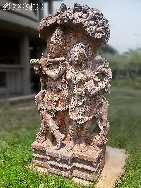 74" Lord Krishna with Goddess Radha | Sandstone Statue | Exquisite Handmade Indian Art