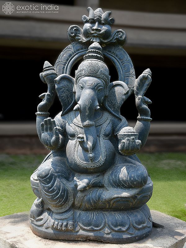 50" Seated Black Lord Ganesha | Granite Stone Statue | Exquisite Handmade Indian Art