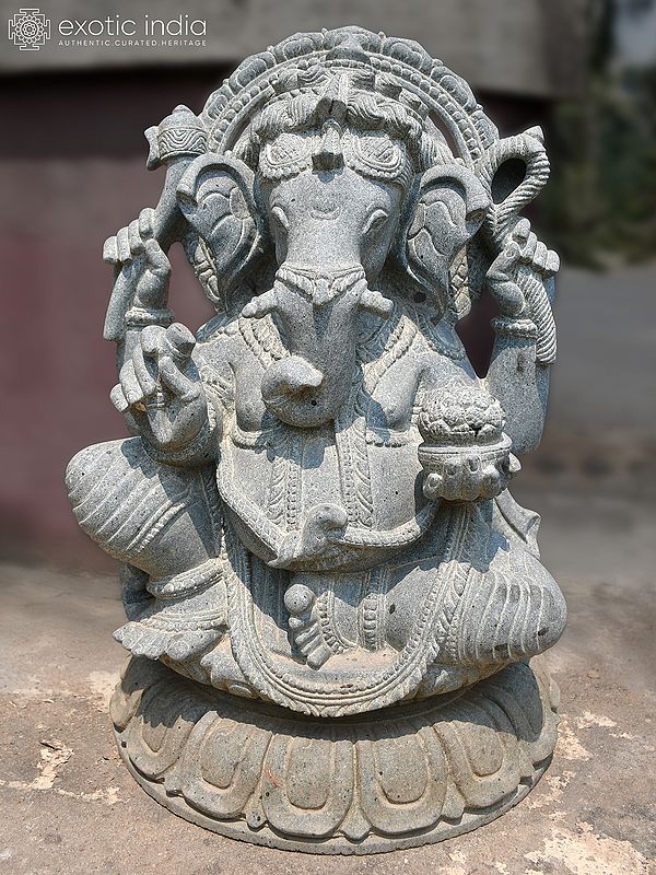 16" Lord Ganesha Holding Modak | Sandstone Statue | Exquisite Handmade Indian Art