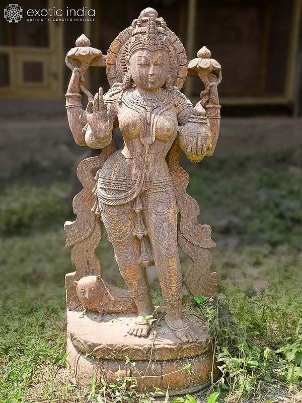 41" Goddess Lakshmi Holding Pot and Lotus | Sandstone Statue | Exquisite Handmade Indian Art