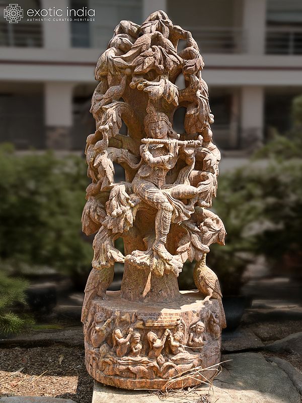 51" Lord Krishna Seated on the Branch of Tree | Sandstone Statue | Exquisite Handmade Indian Art
