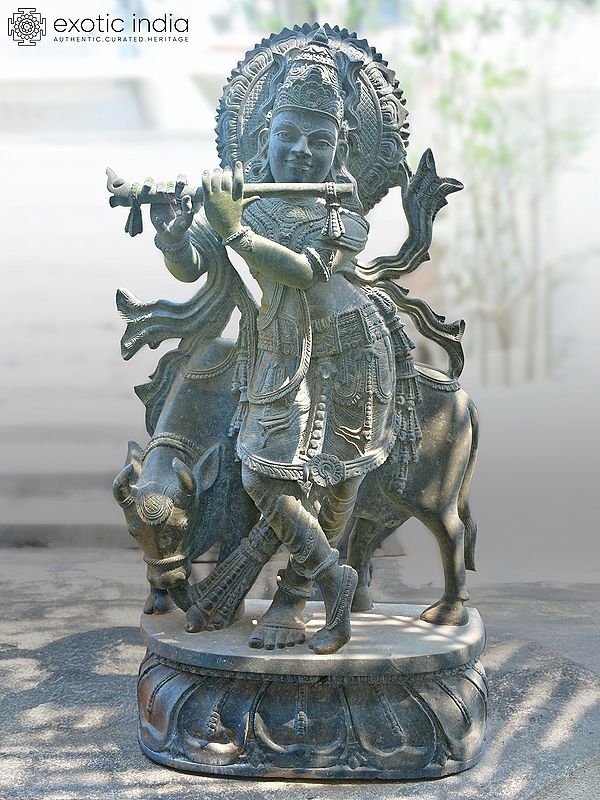 38" Lord Krishna Playing Flute Standing with Cow | Orissa Stone Statue | Exquisite Handmade Indian Artwork