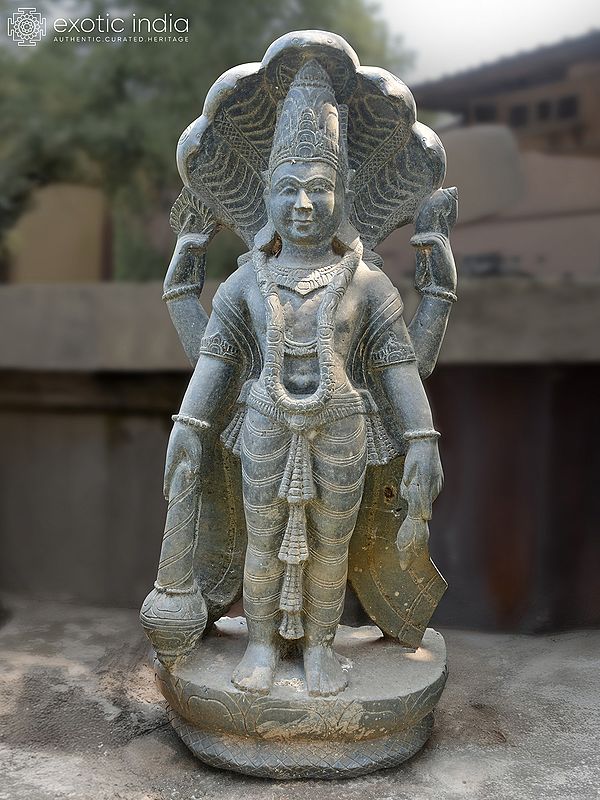 37" Lord Vishnu Standing under the Hood of Sheshnag | Orissa Stone Statue | Exquisite Handmade Indian Art