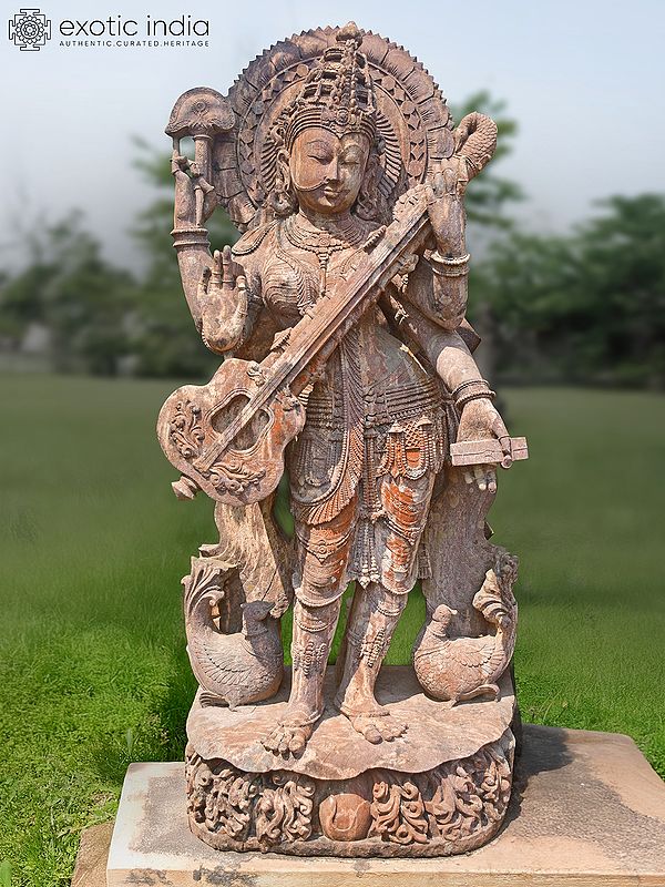 57" Standing Goddess Saraswati Holding Veena | Sandstone Statue | Exquisite Handmade Indian Art