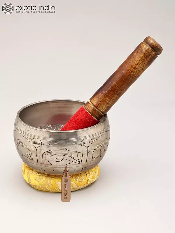 4" Handcrafted Silver Color Tibetan Singing Bowl Set with Cushion and Wooden Mallet