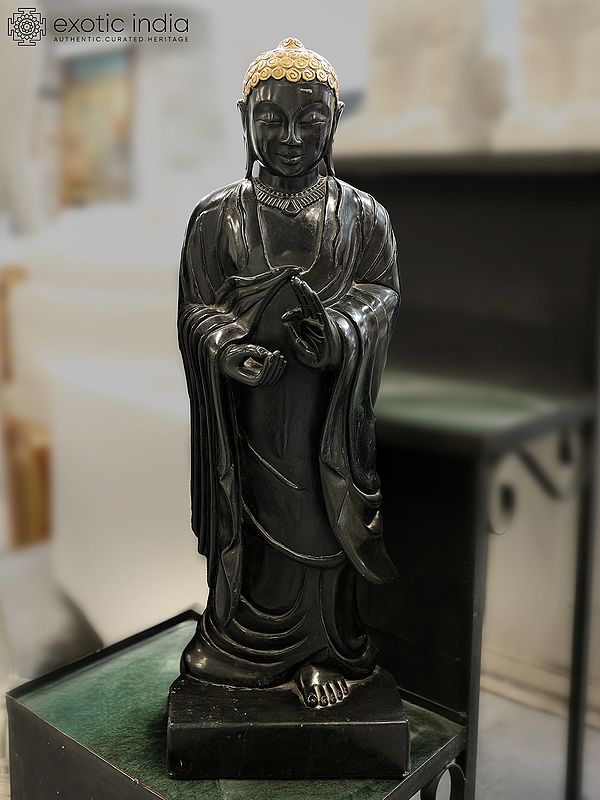 33" Standing Lord Buddha | Black Marble Statue | Exquisite Indian Art