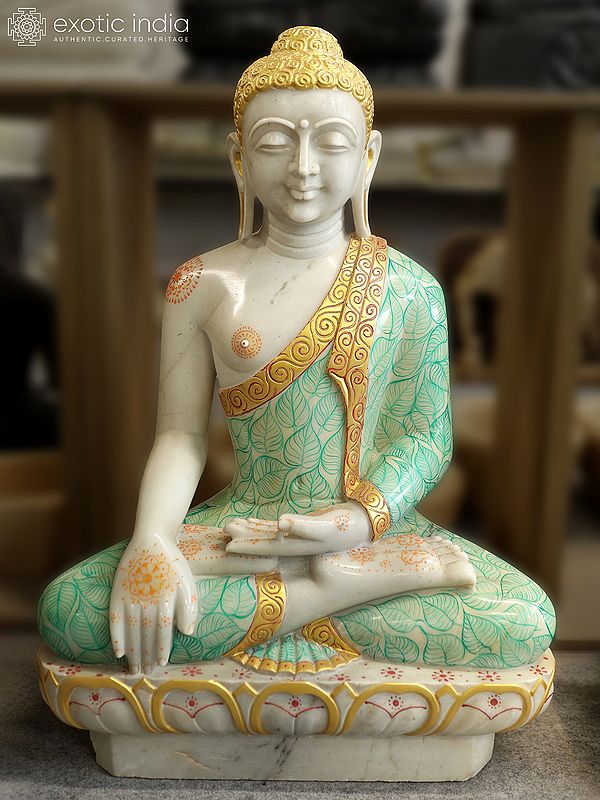 36" Lord Buddha Seated on Lotus Pedestal - Bhumisparsha Mudra | Marble Statue | Exquisite Indian Art