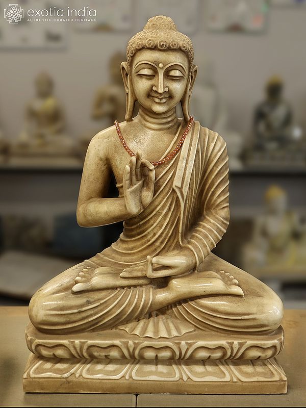 24" Lord Buddha Seated on Pedestal | Vitarka Mudra | Stone Sculpture | Exquisite Indian Art