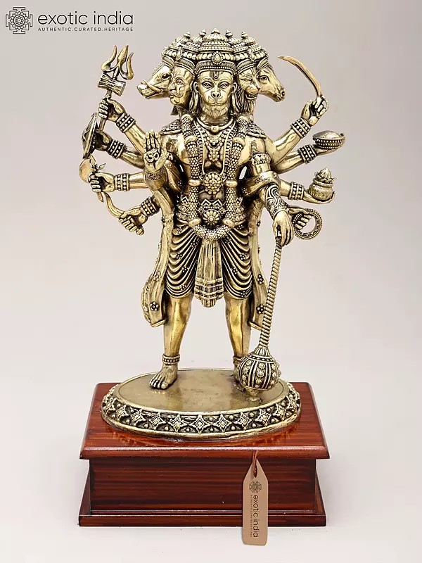 11" Brass Superfine Standing Panchamukhi Lord hanuman on Wood Base