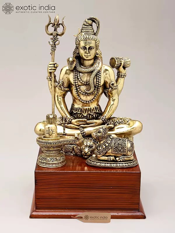 9" Brass Superfine Lord Shiva with Nandi and Shivalinga on Wood Base