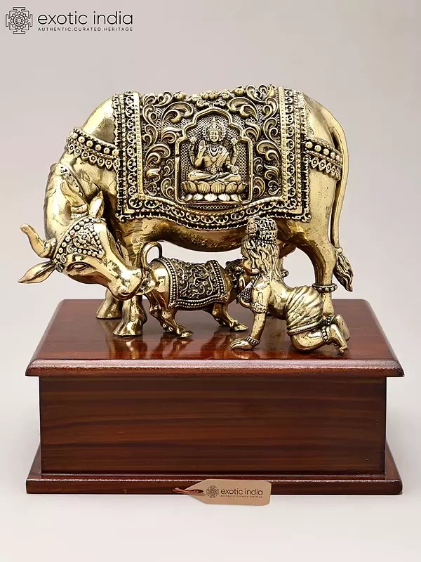 7" Superfine Kamadhenu Cow and Calf with Baby Krishna | Brass Statue on Wood Base