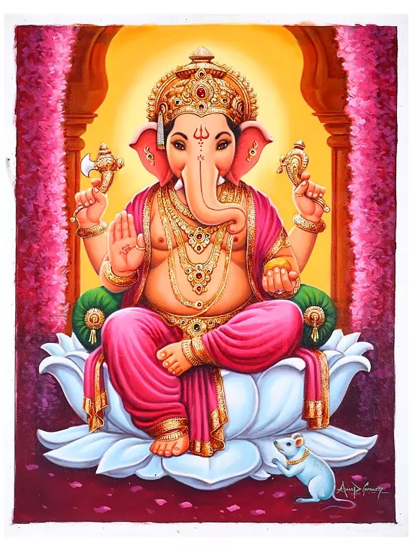 Blessing Lord Ganesha Seated on White Lotus | Oil Painting