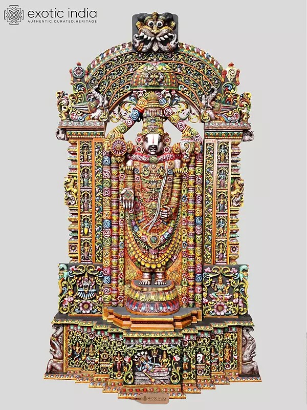 12 Feet High Lord Tirupati Balaji (Venkateshwara) with Kirtimukha Arch | Handmade Wood Sculpture