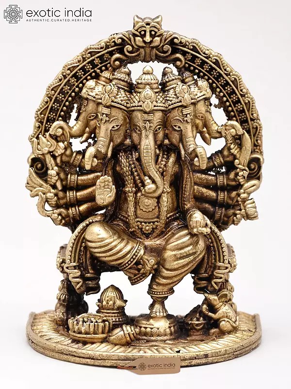 3" Small Ashtabhuja Lord Ganesha with Five Heads Seated on Kirtimukha Throne | Copper Statue | Made in India