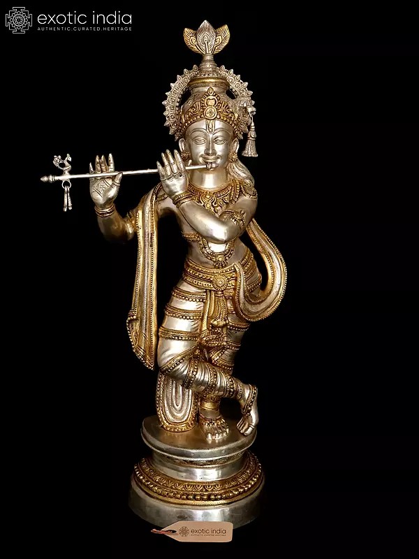 36" Large Krishna Brass Statue Playing Flute | Home Temple Religious Figurine