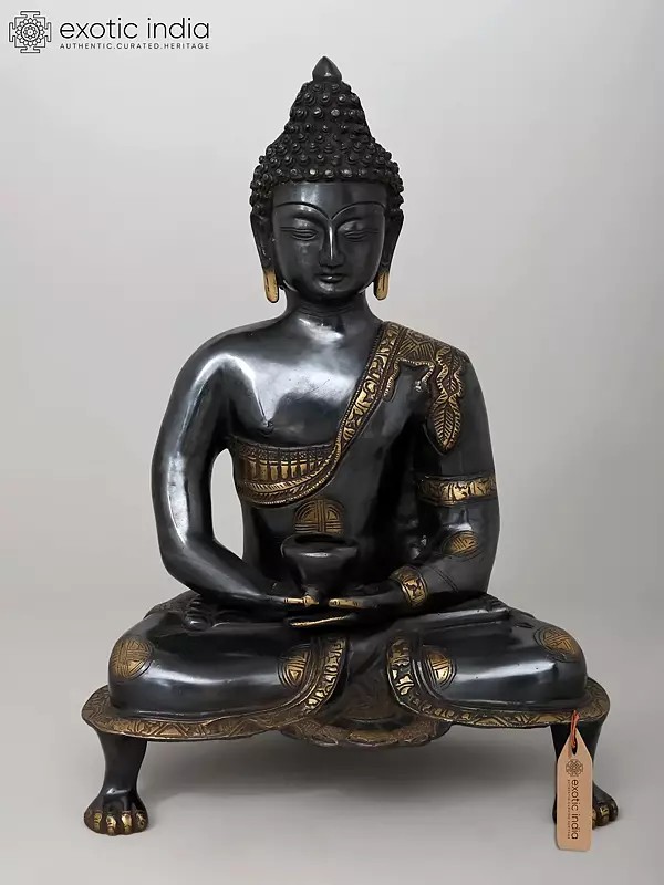 20" Black Buddha in Dhyana Mudra - (Robes Decorated with Scenes from the Life of Buddha) In Brass | Handmade | Made In India
