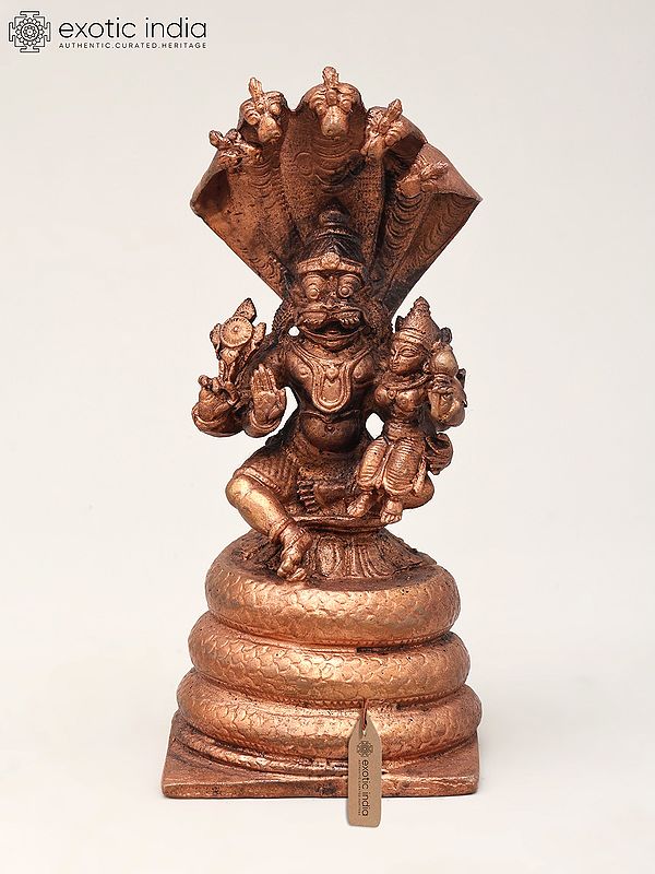 4" Copper Small Narasimha Idol Seated on Sheshnag with Devi Lakshmi