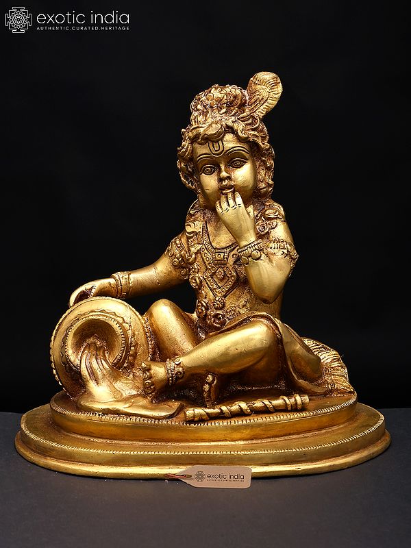 8" Butter Thief Baby Krishna Statue in Brass