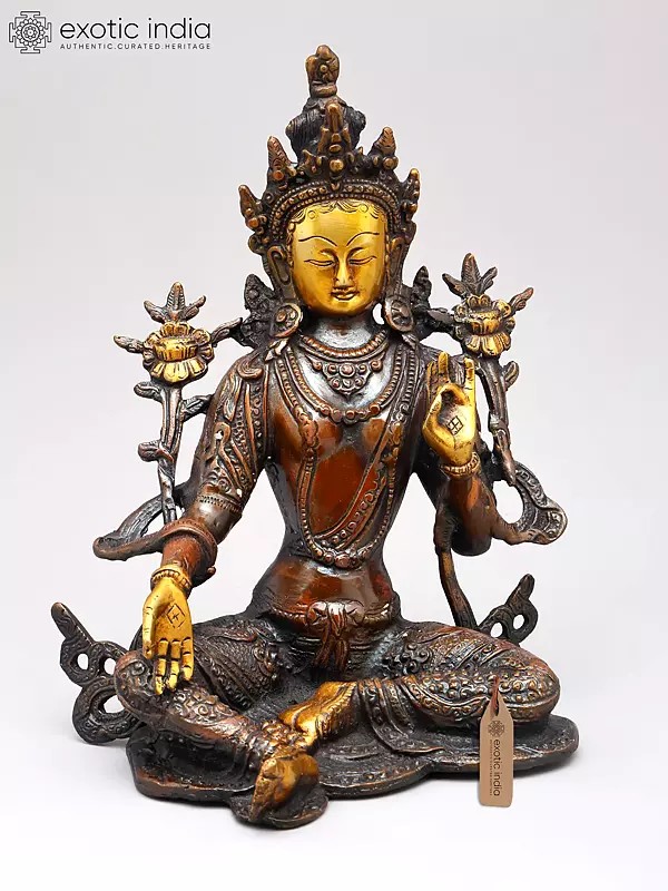 10" Tibetan Buddhist Goddess Green Tara in Brown and Golden Hues In Brass | Handmade | Made In India