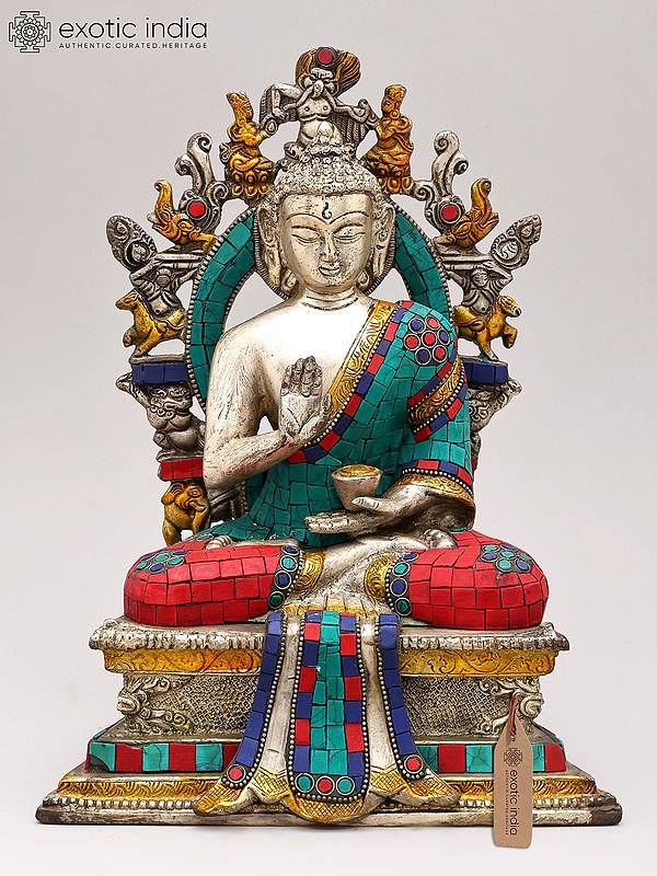 11" Lord Buddha Seated on Six-ornament Throne of Enlightenment In Brass | Handmade | Made In India