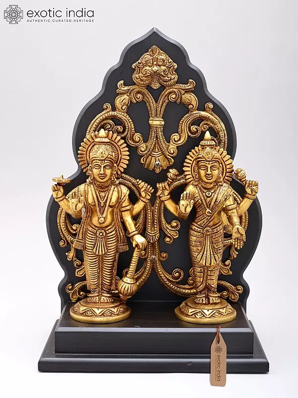 12" Lakshmi-Narayana Mounted On Wall-Hanging Wooden Aureole In Brass | Handmade | Made In India