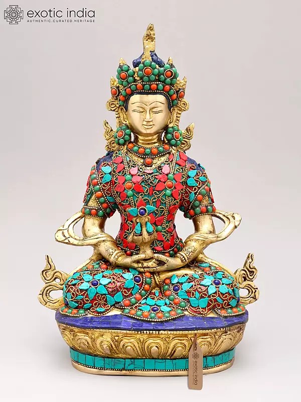 12" Amitabha Buddha with The Vase of Immortality - Tibetan Buddhist In Brass | Handmade | Made In India