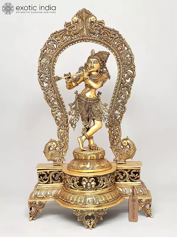 31" Murli Krishna on an Elaborate Pedestal with Impressive Peacock Prabhawali In Brass | Handmade | Made In India