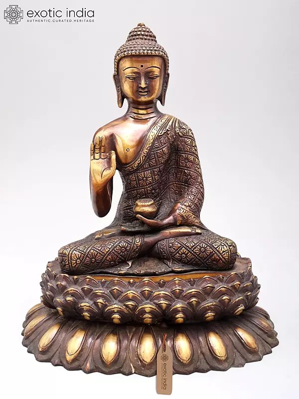 11" Vitarka Mudra Buddha Upon A Luxuriant Lotus Pedestal | Handmade Brass Statue