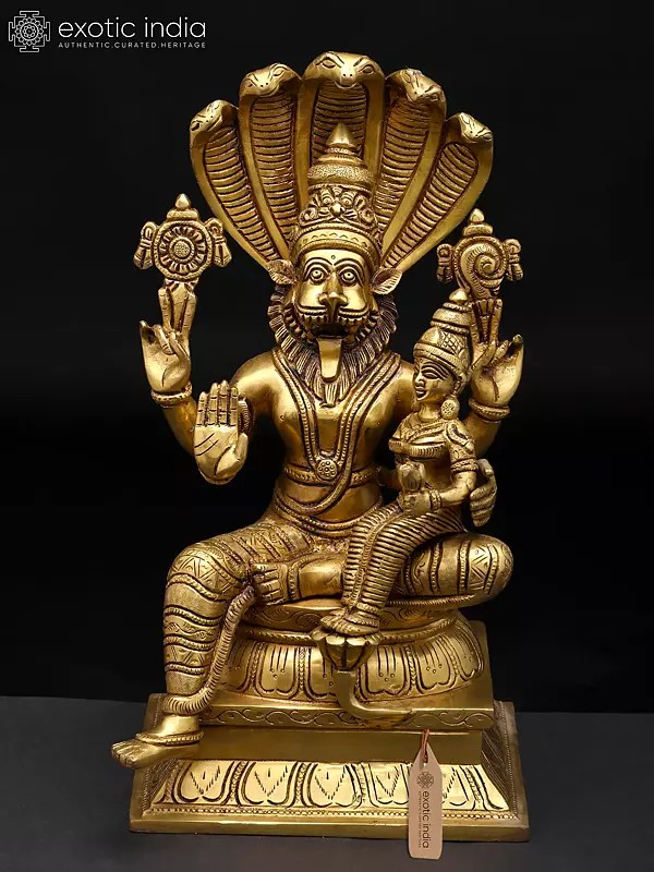 7" Lord Narasimha with Goddess Lakshmi In Brass | Handmade | Made In India