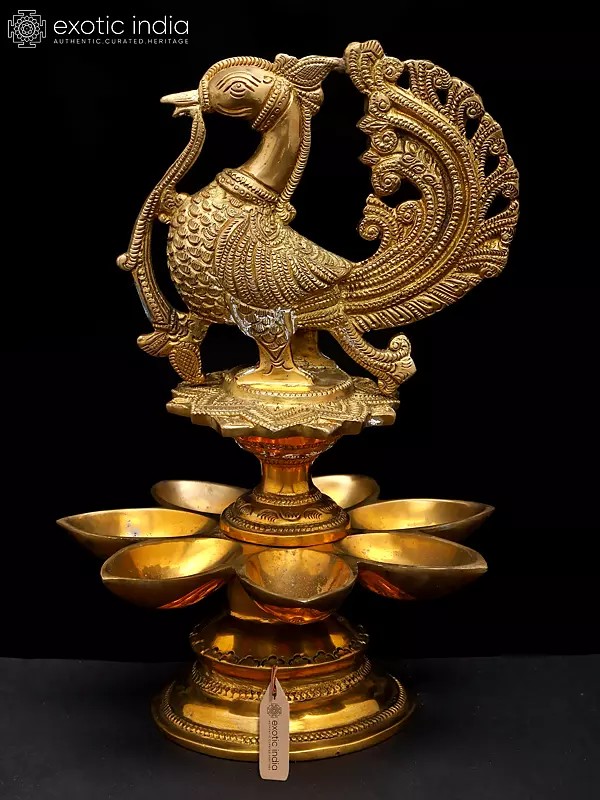 6" Peacock Oil Lamp with Seven Wick in Brass | Handmade | Made in India