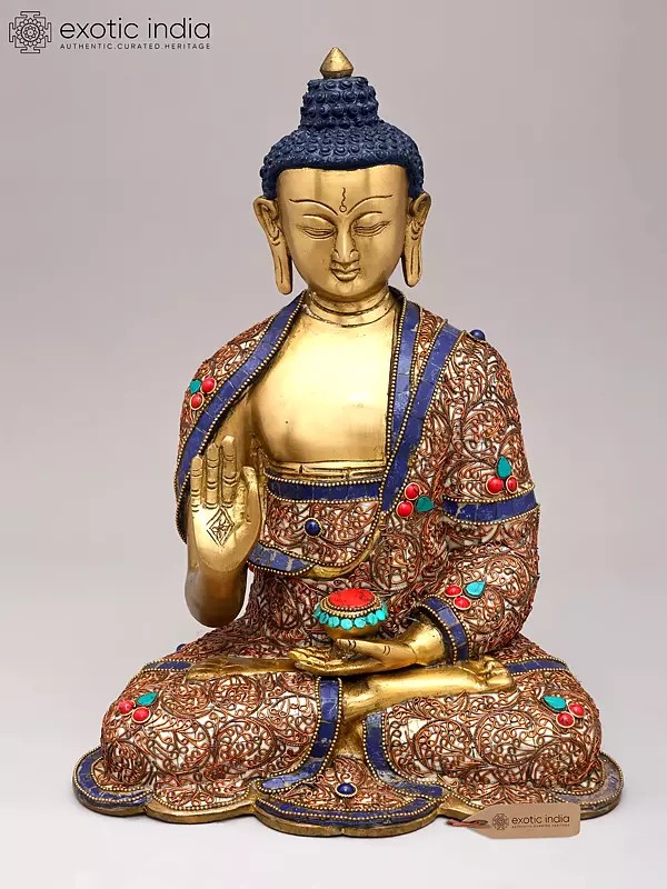 13" Gautam Buddha Preaching His Dharma With Inlay Work In Brass | Handmade | Made In India