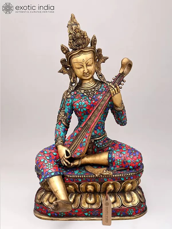 22" Nepalese form of Saraswati Brass Idol with Inlay Work | Indian Handcrafted Idol