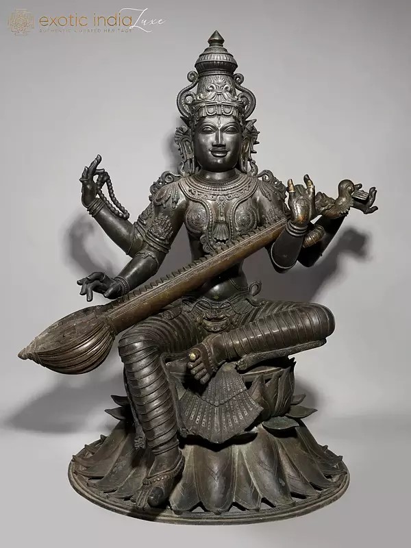 48" Large Superfine Goddess Saraswati Seated on Lotus | Madhuchista Vidhana (Lost-Wax) | Panchaloha Bronze from Swamimalai