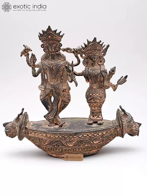 10" Brass Lord Vishnu with Goddess Lakshmi (Tribal Dhokra Art)