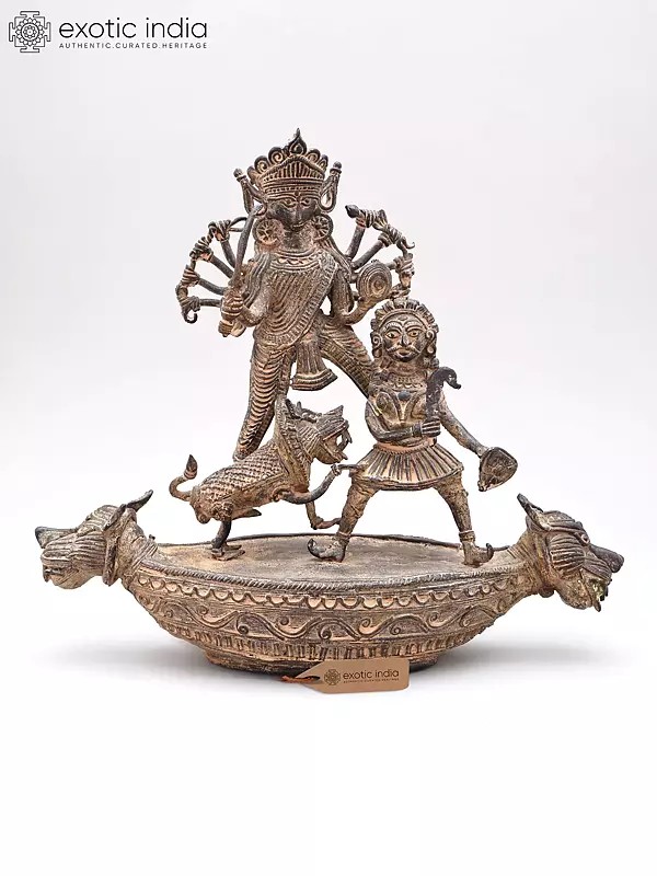 11" Brass Goddess Mahishasura Mardini (Tribal Dhokra Art)
