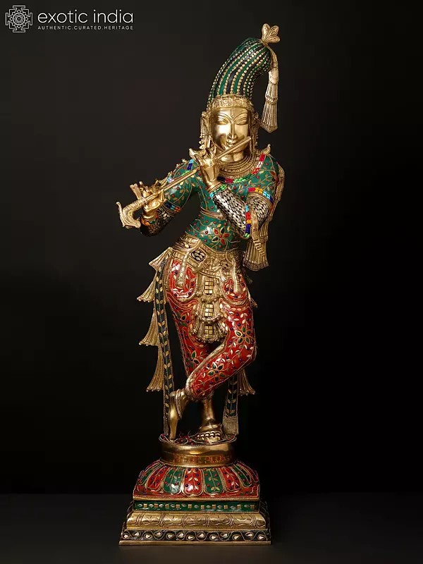 36" Large Fluting Krishna Idol with Fascinating Crown | Brass Statue with Inlay Work