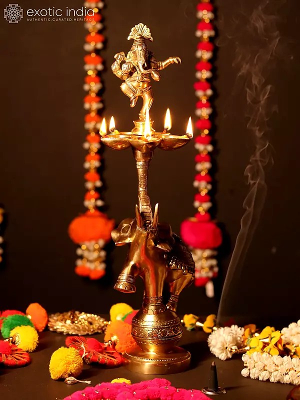 17" Dancing Ganesha Five Wicks Lamp on Elephant in Brass