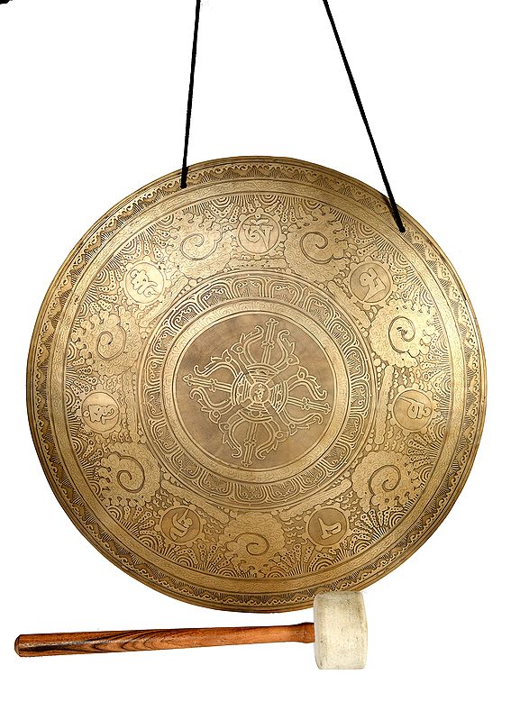 Tibetan Buddhist Vishva-Vajra Gong with Mantra and Curly Clouds