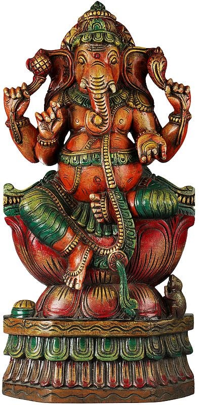 The Lotus-Seated Shri Ganesha Wooden Sculpture