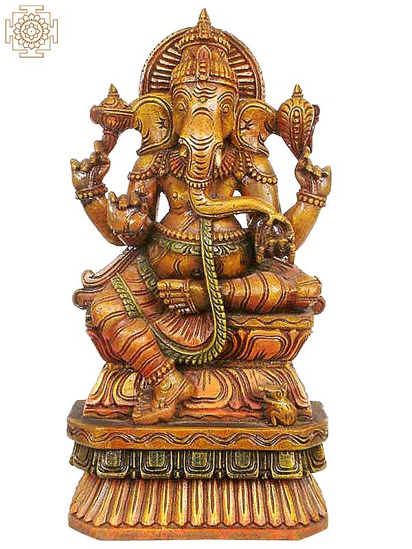 Wooden Lalitasana Ganesha Statue - Carved from South Indian Temple Wood