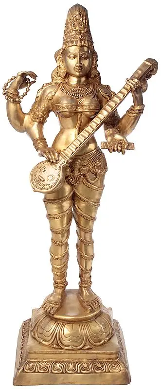 52" Large Size Vina-Vadini Saraswati In Brass | Handmade | Made In India