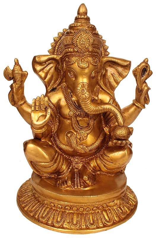 12" Four Armed Seated Ganesha Granting Abhaya In Brass | Handmade | Made In India