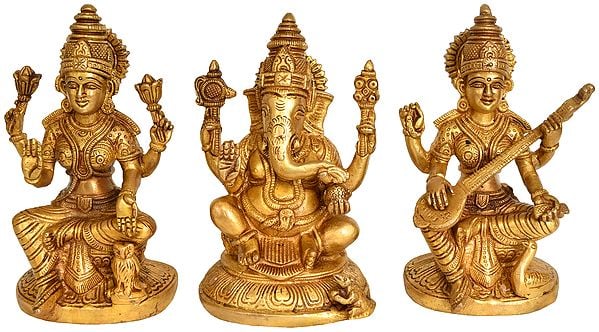 6" Lakshmi Ganesha and Saraswati (Set of Three Statues) In Brass | Handmade | Made In India