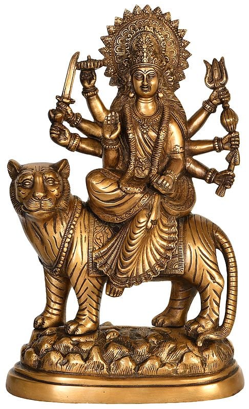 14" Simhavahani Goddess Durga Brass Statue | Handmade Sherawali Mata Brass Idol | Made in India
