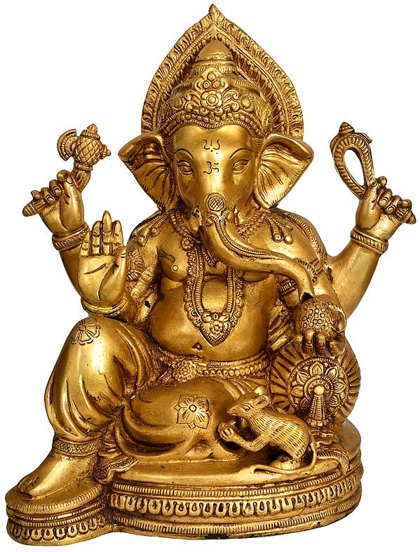 12" Chaturbhuja Relaxing Ganesha Idol Seated on a Chowki with Cushion | Handmade Brass Statue